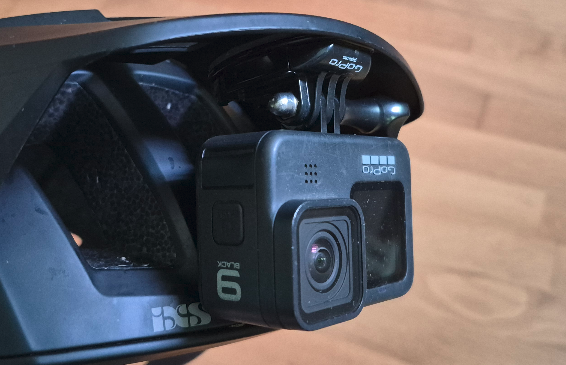 GoPro HERO9 mounted upside down under a helmet visor