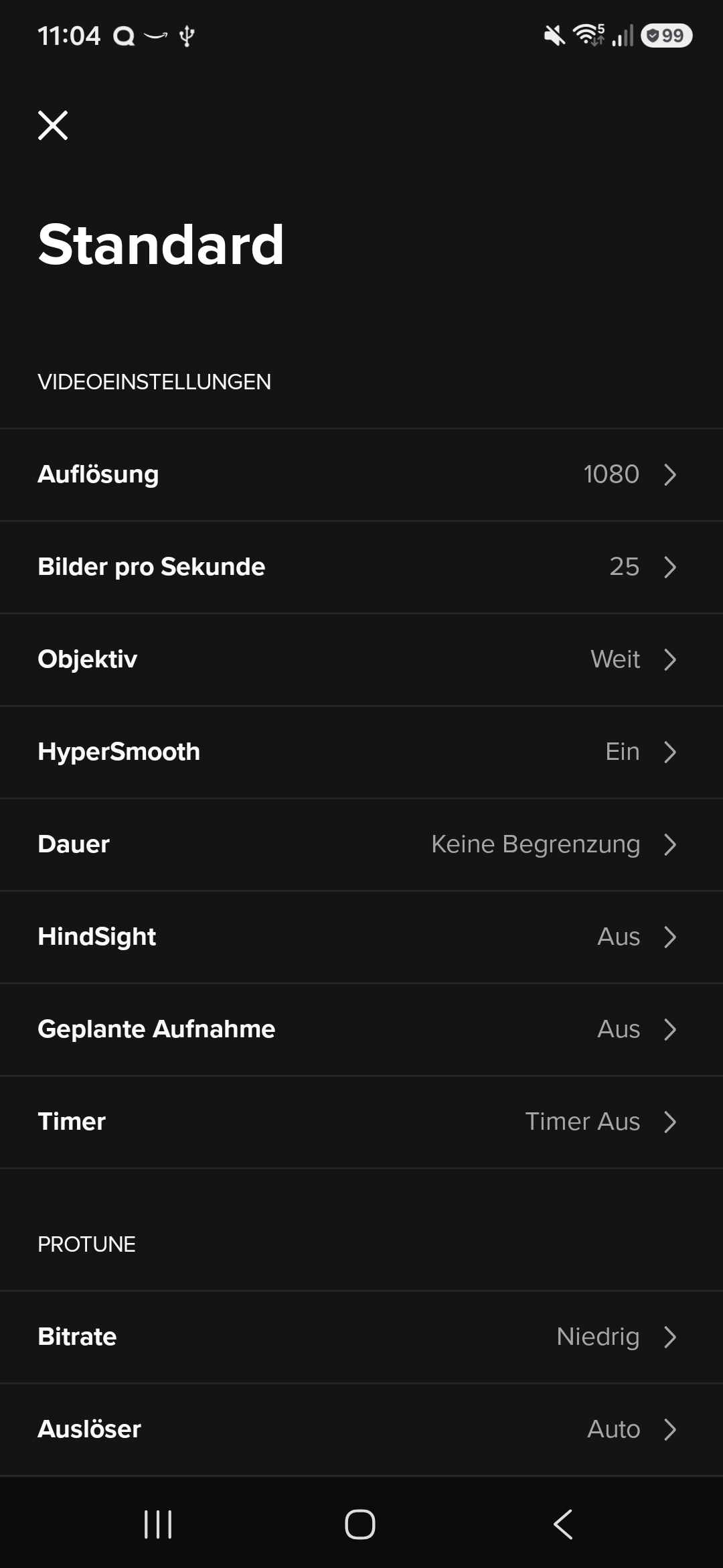 GoPro app video settings showing 1080p resolution, 25 FPS, and Wide lens