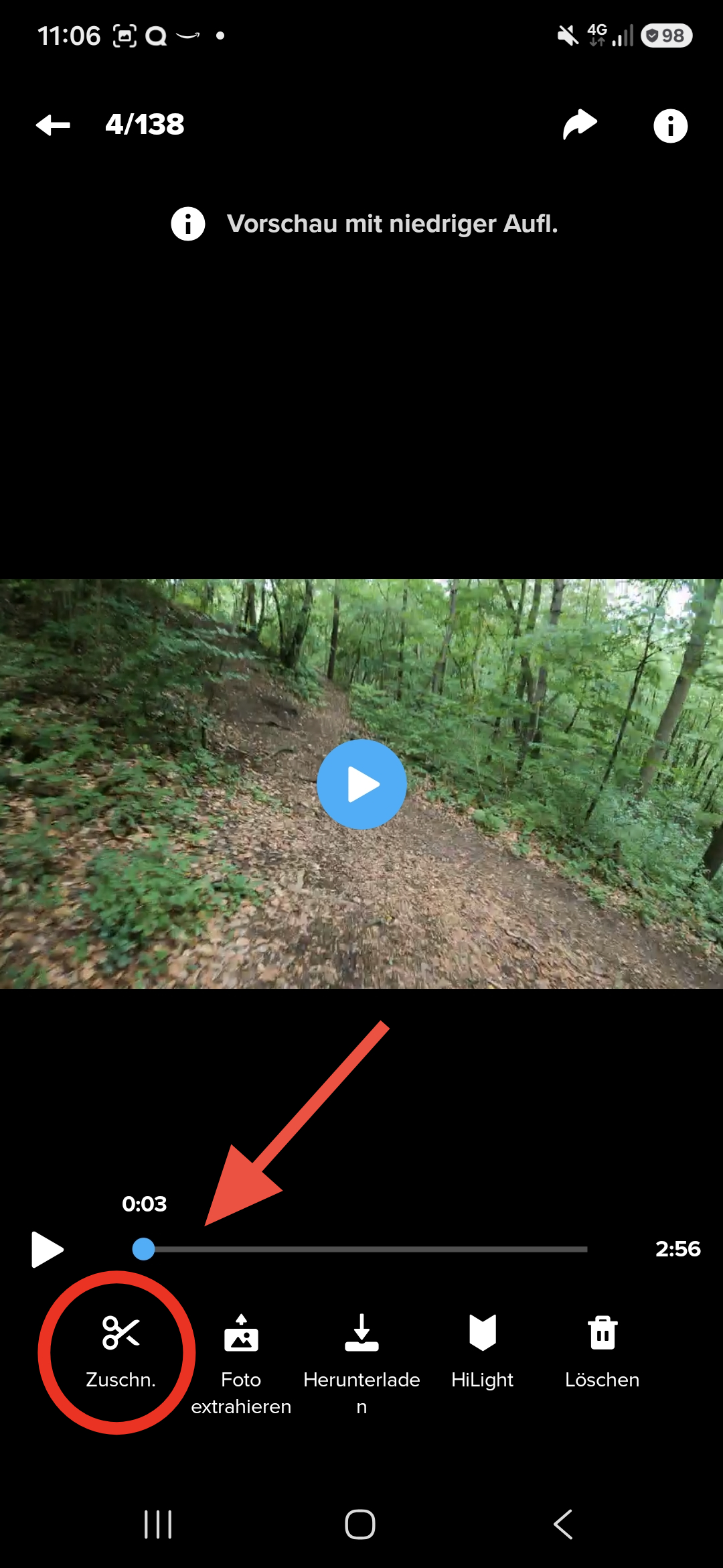 GoPro Quik trim button highlighted on playback screen