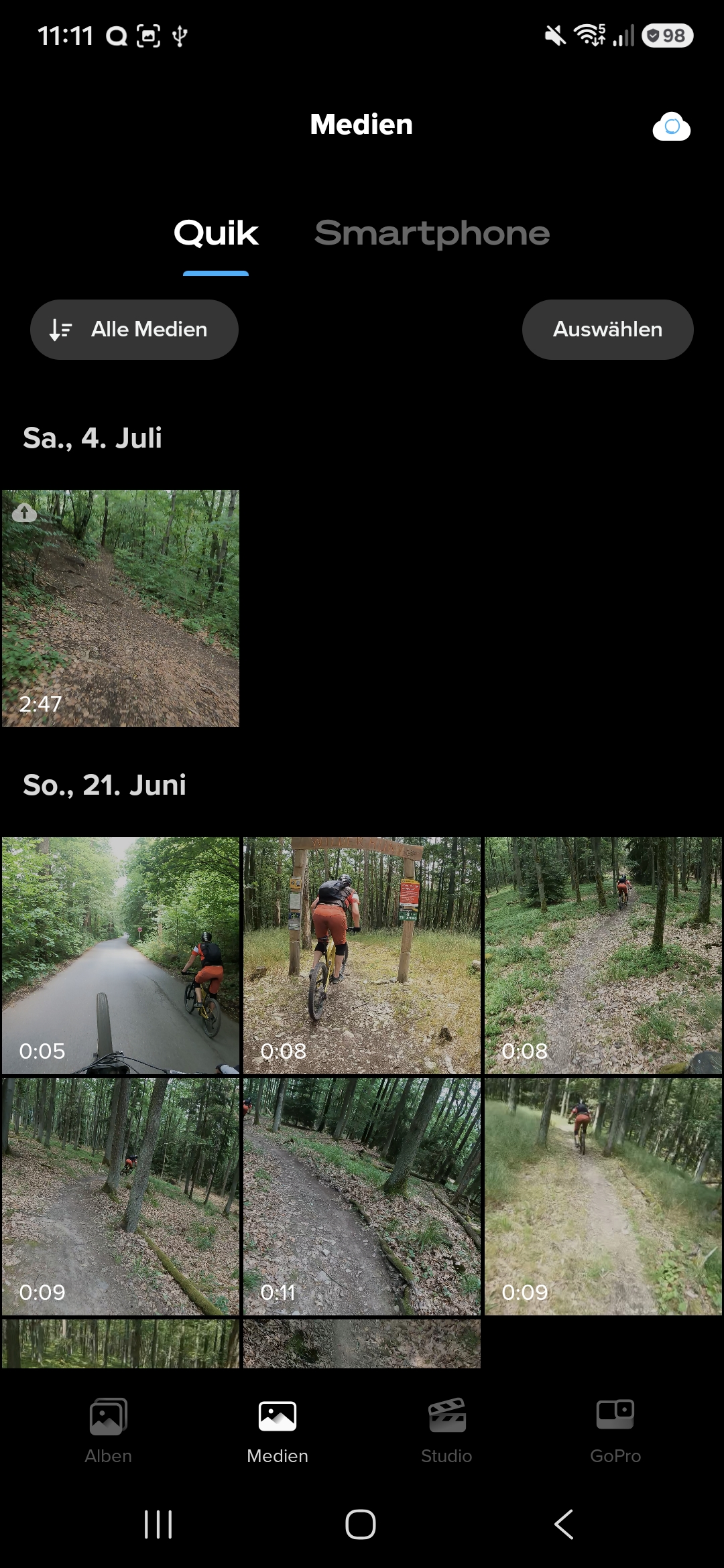 GoPro Quik Media tab showing recorded clips